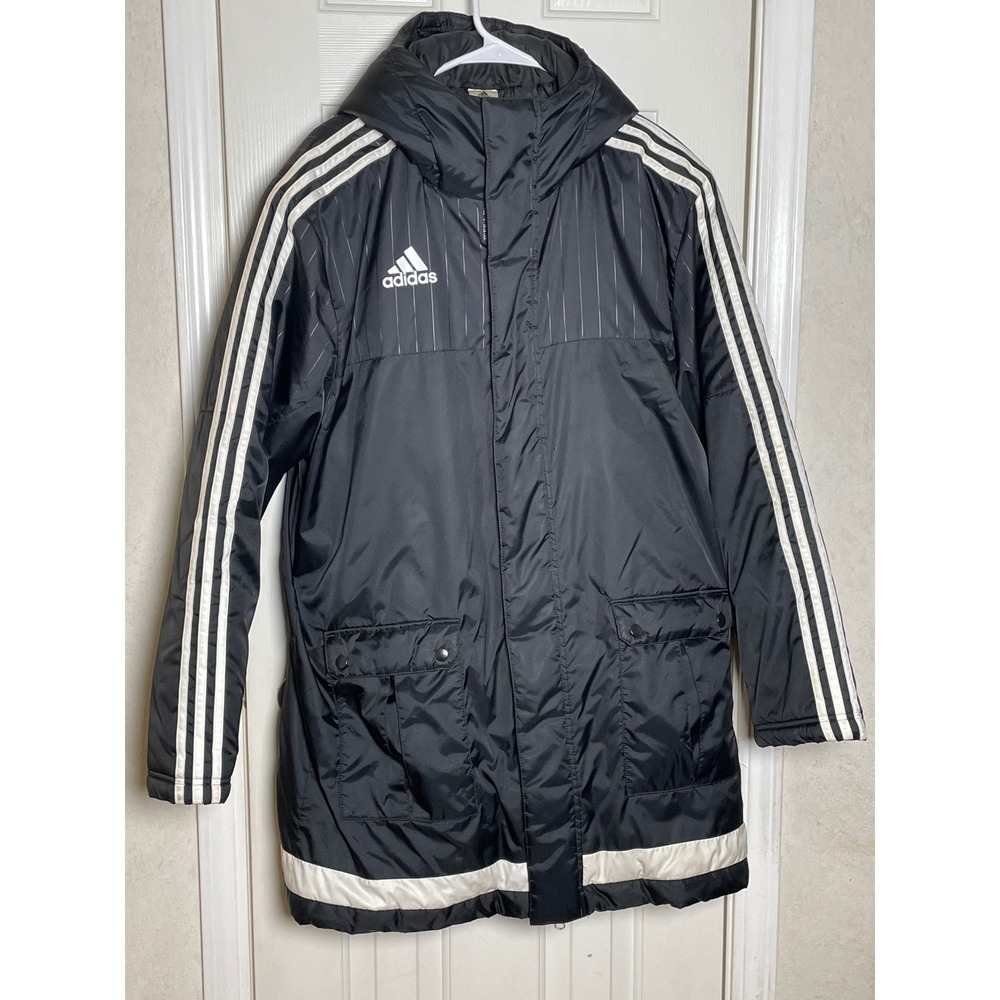 Adidas Mens Long Puffer Jacket Black White Stripe Hooded Parka Coat Large